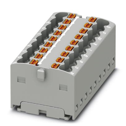Phoenix Contact Finger-Safe Power Distribution Block; PTFIX 18X1.5-GGY; 17.5A; 18-Pole; Push-In Terminals; 1/1 Line/Load Terminal Openings; Adhesive Mount